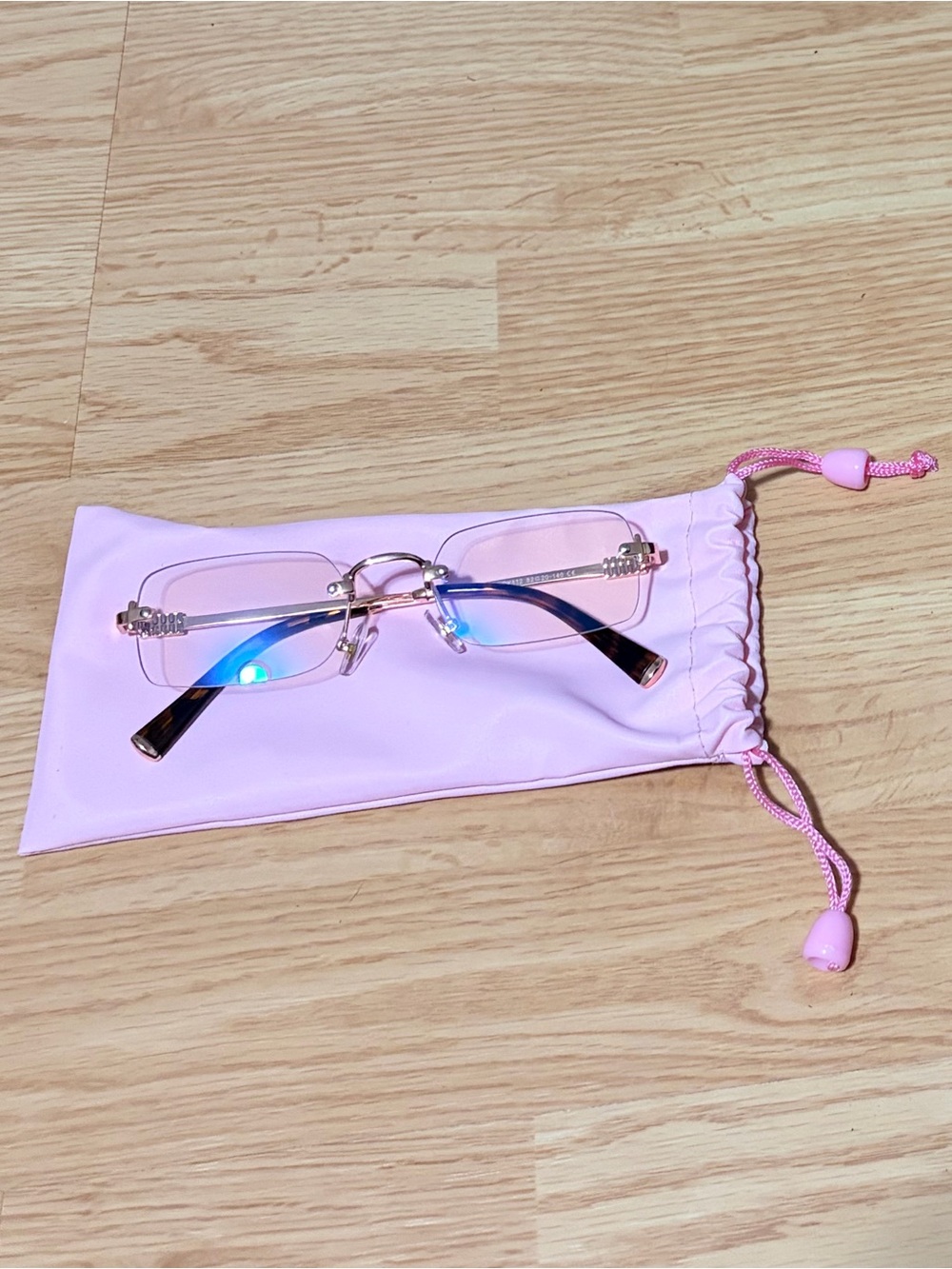 Blue light Rimless Glasses with cheetah and Pink Pouch